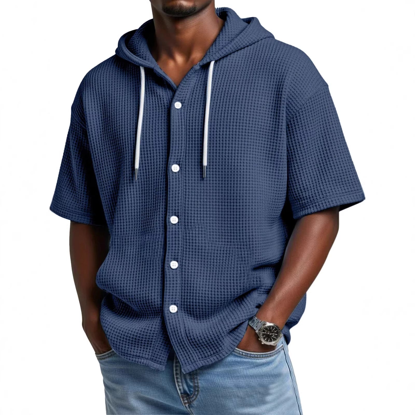 2026 New Style Men Daily Casual Waffle Hooded Short-Sleeved T-Shirt