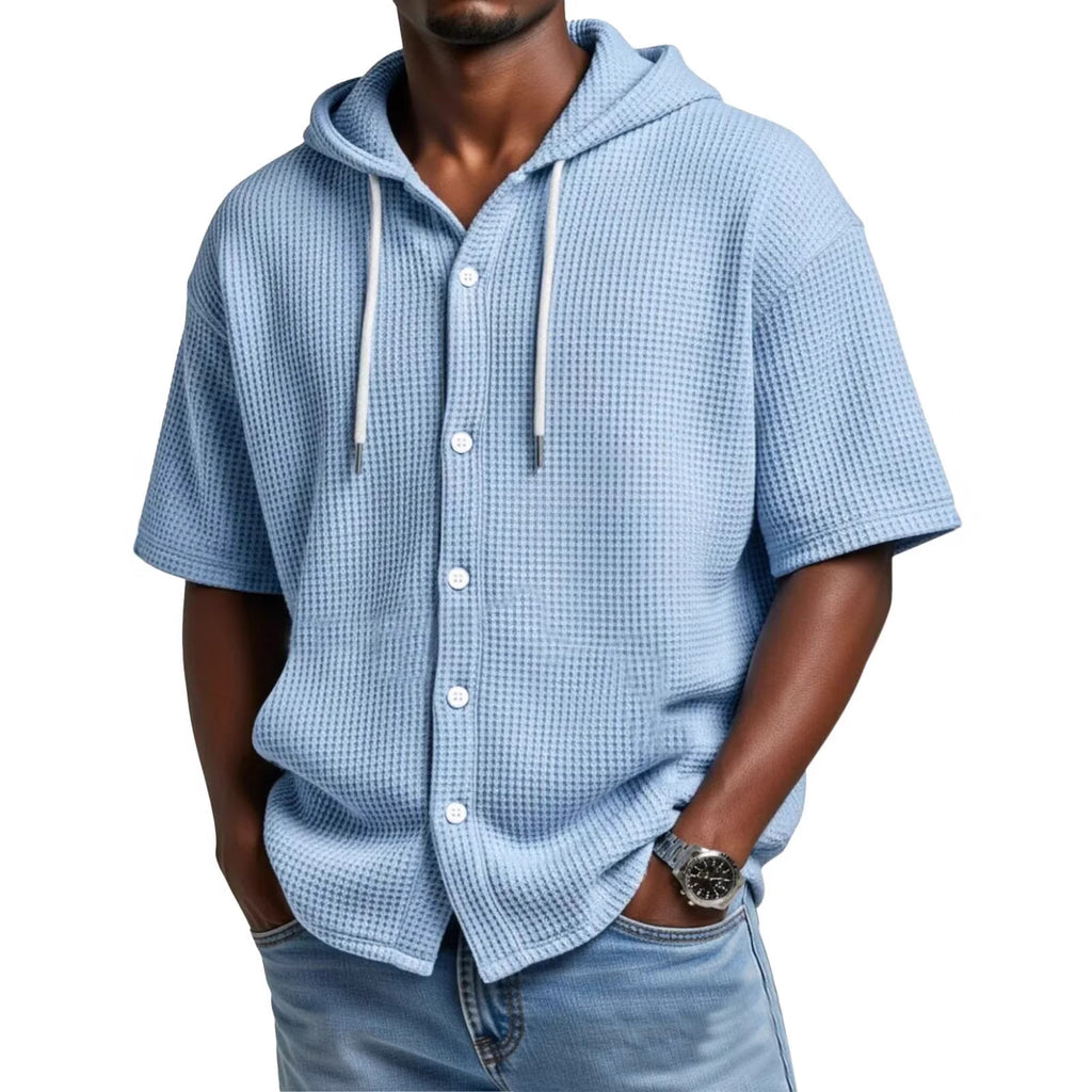 2026 New Style Men Daily Casual Waffle Hooded Short-Sleeved T-Shirt