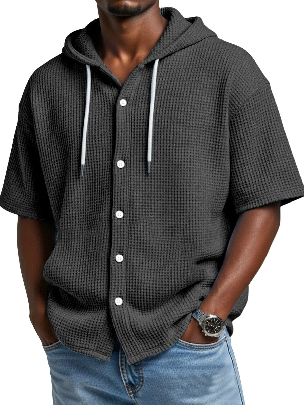 2026 New Style Men Daily Casual Waffle Hooded Short-Sleeved T-Shirt