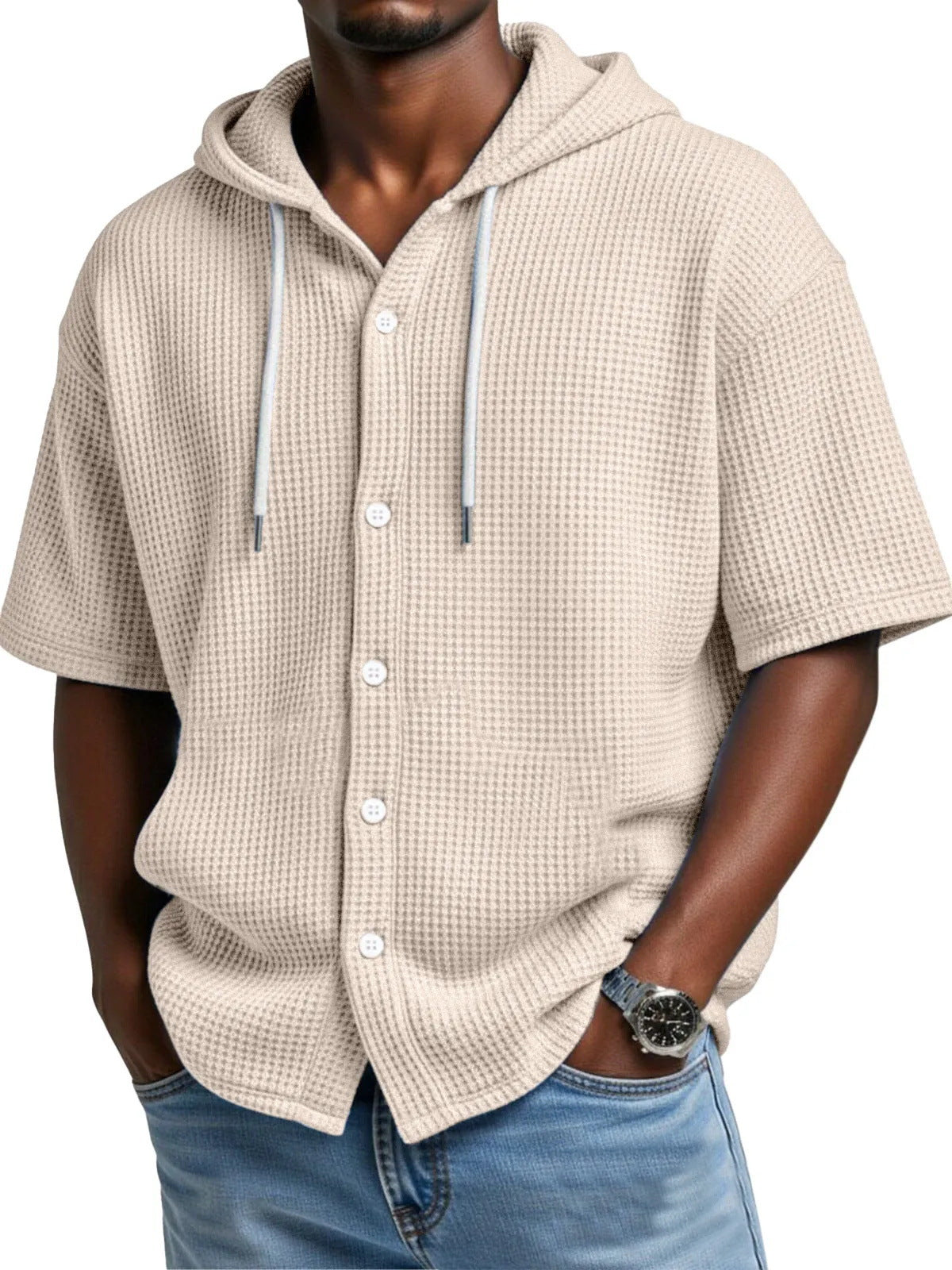 2026 New Style Men Daily Casual Waffle Hooded Short-Sleeved T-Shirt