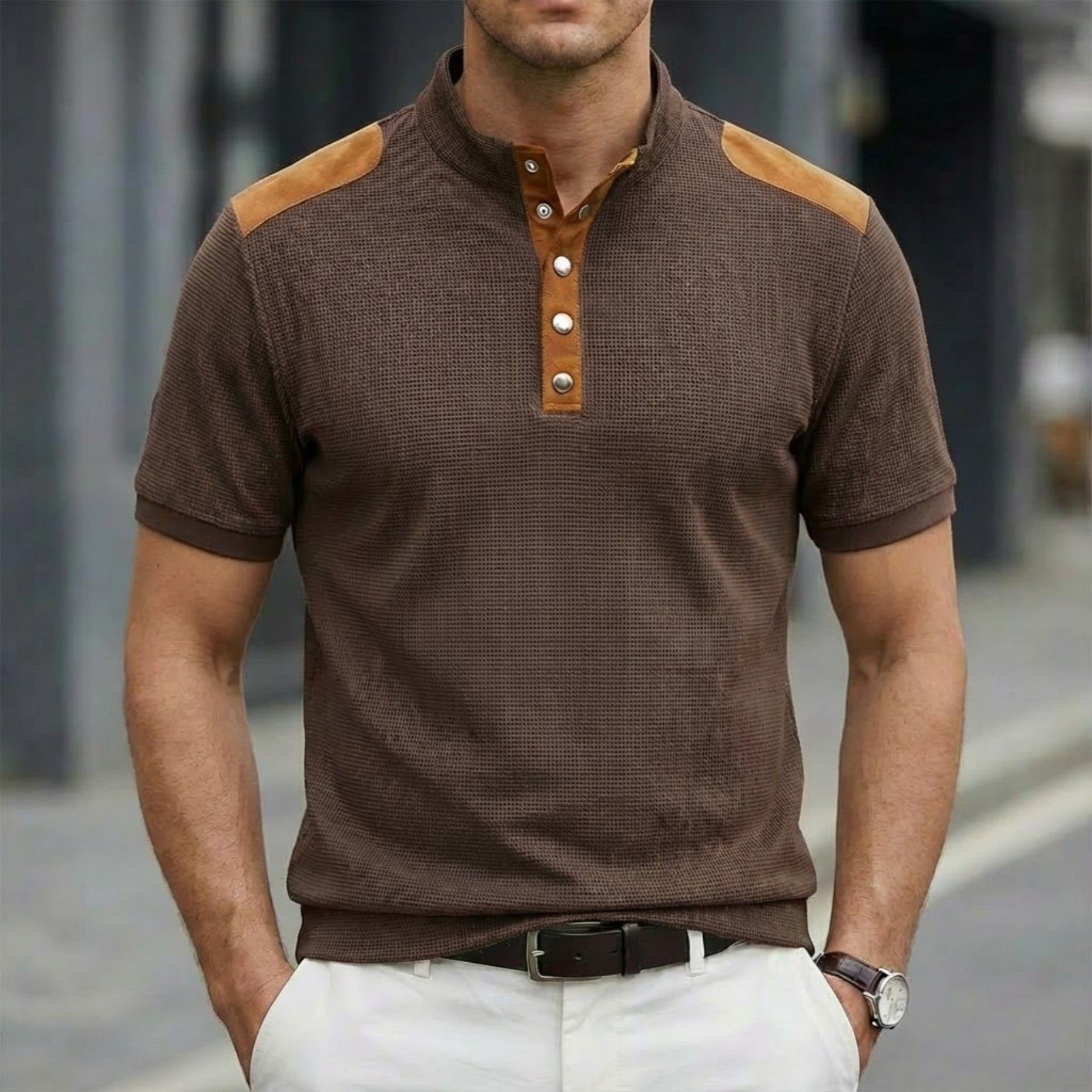 Casual Breathable Button-up Stand Collar Color-block Short-sleeved Men's T-shirt Top