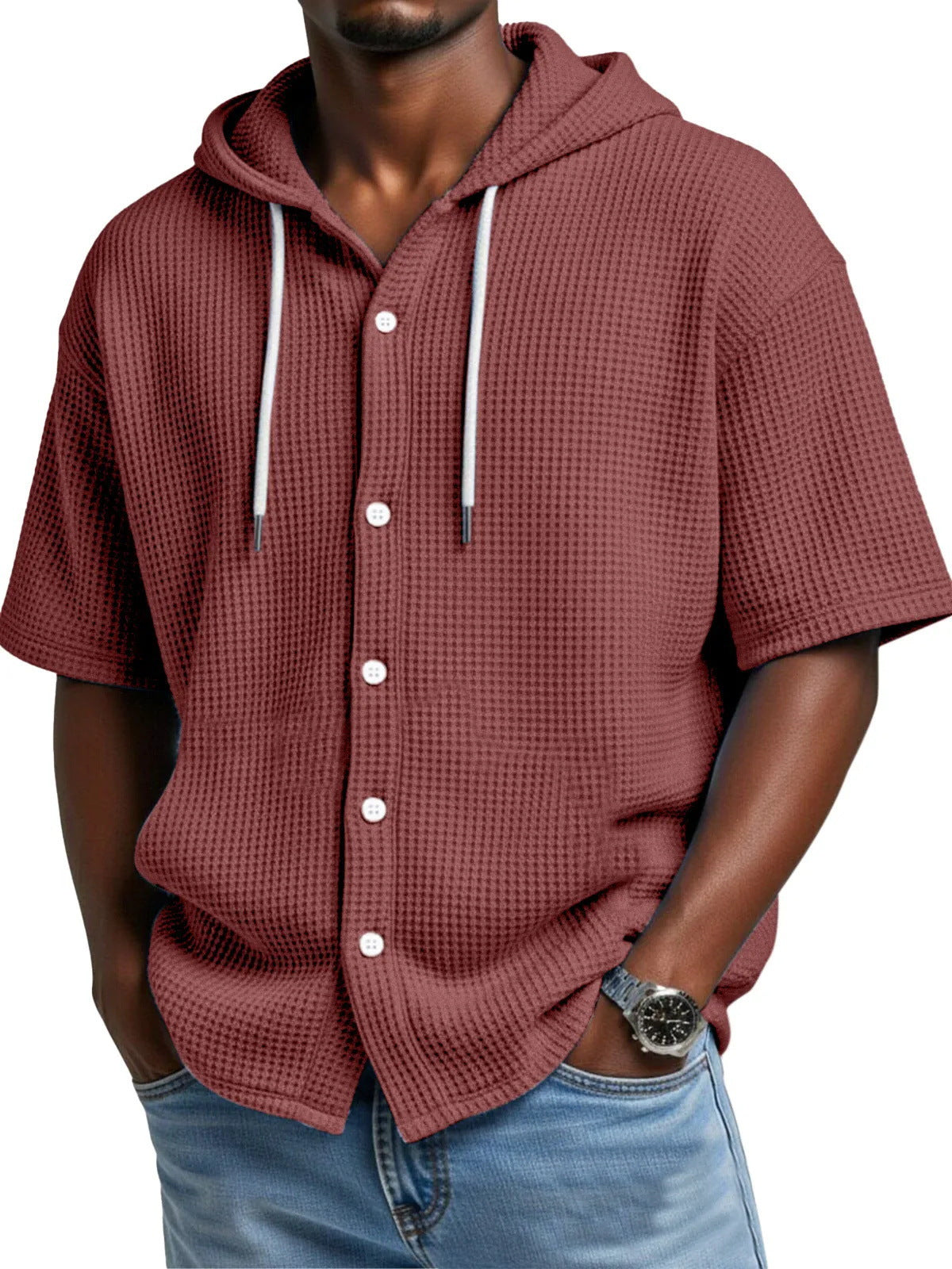 2026 New Style Men Daily Casual Waffle Hooded Short-Sleeved T-Shirt