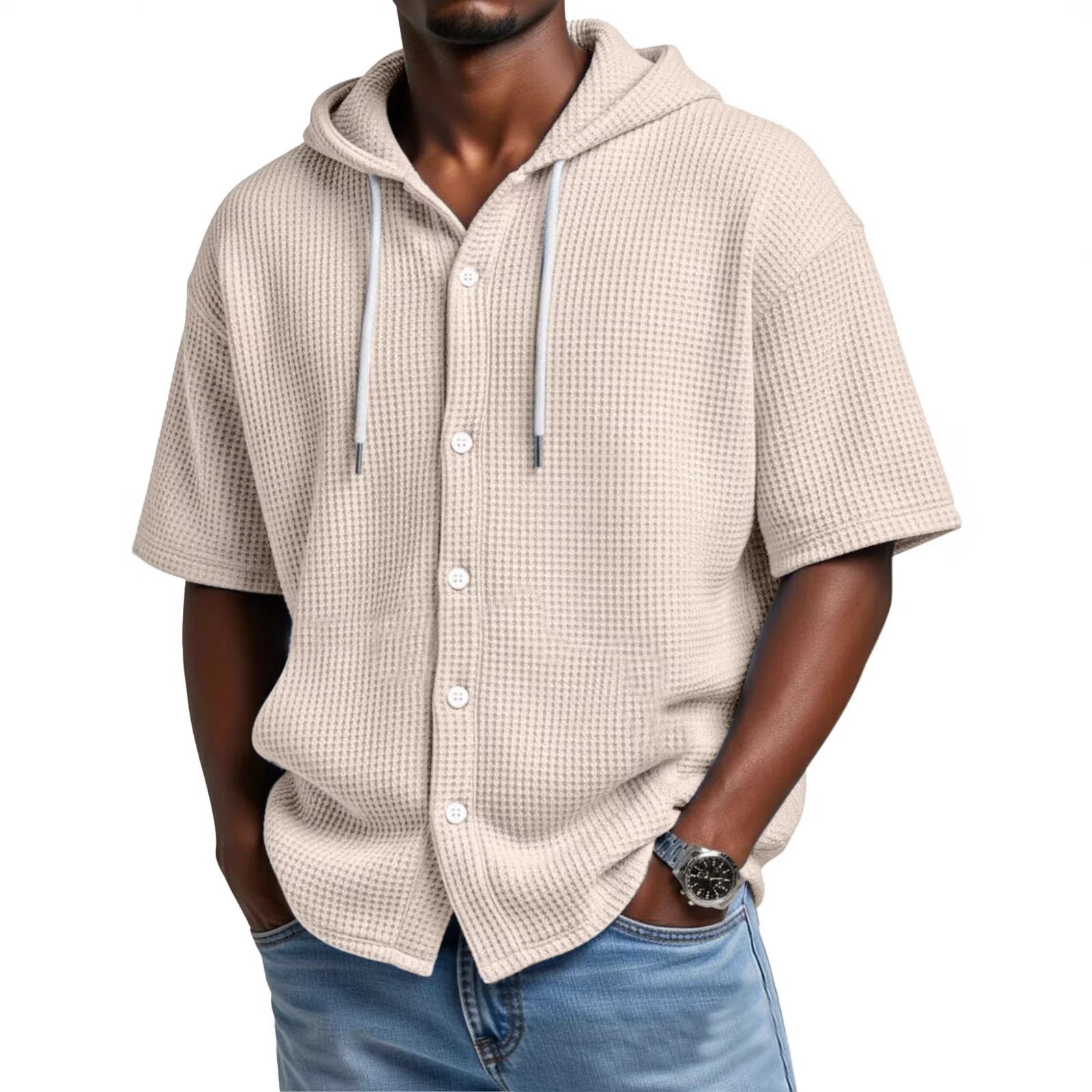 2026 New Style Men Daily Casual Waffle Hooded Short-Sleeved T-Shirt
