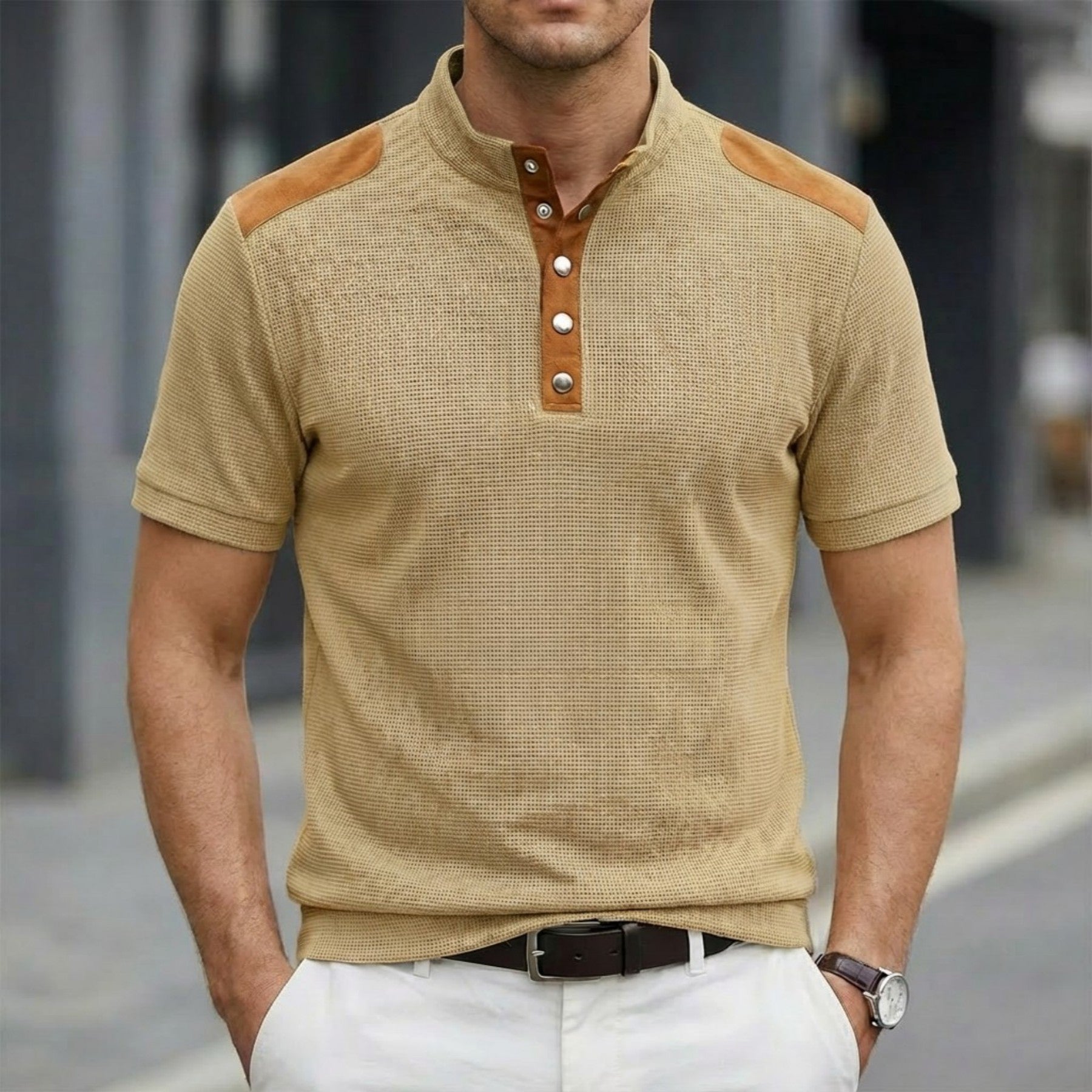 Casual Breathable Button-up Stand Collar Color-block Short-sleeved Men's T-shirt Top
