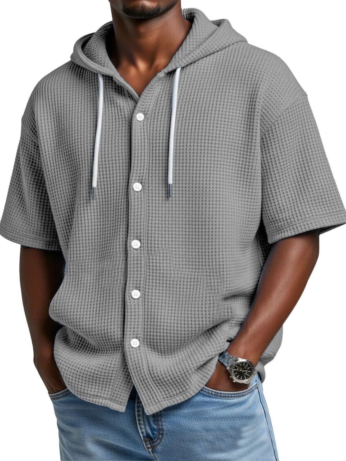 2026 New Style Men Daily Casual Waffle Hooded Short-Sleeved T-Shirt