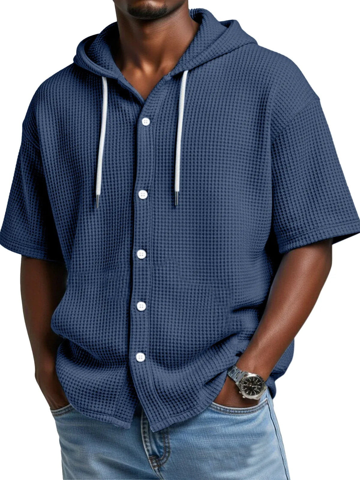 2026 New Style Men Daily Casual Waffle Hooded Short-Sleeved T-Shirt