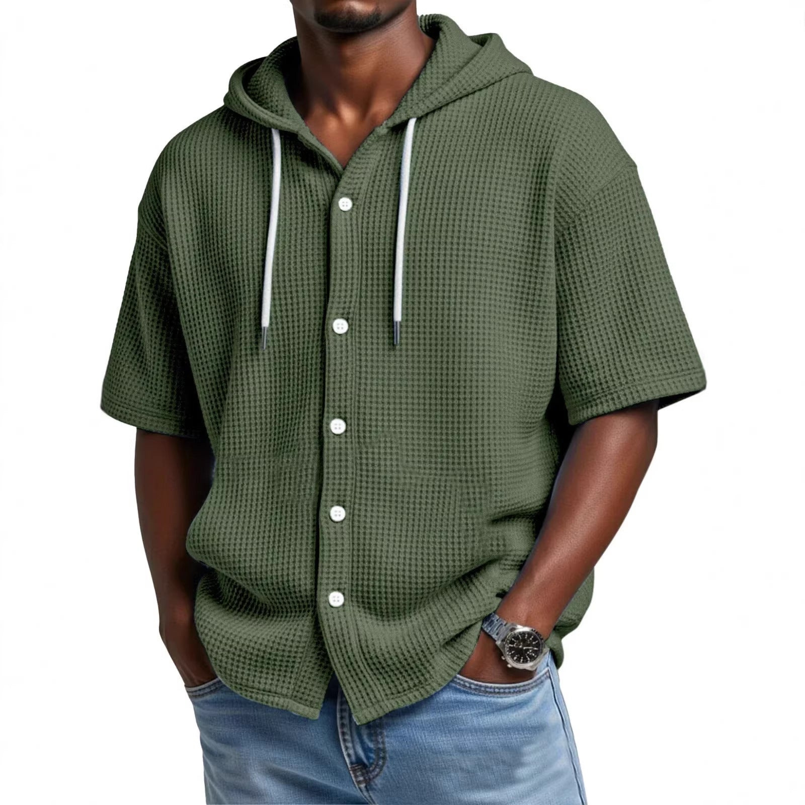 2026 New Style Men Daily Casual Waffle Hooded Short-Sleeved T-Shirt