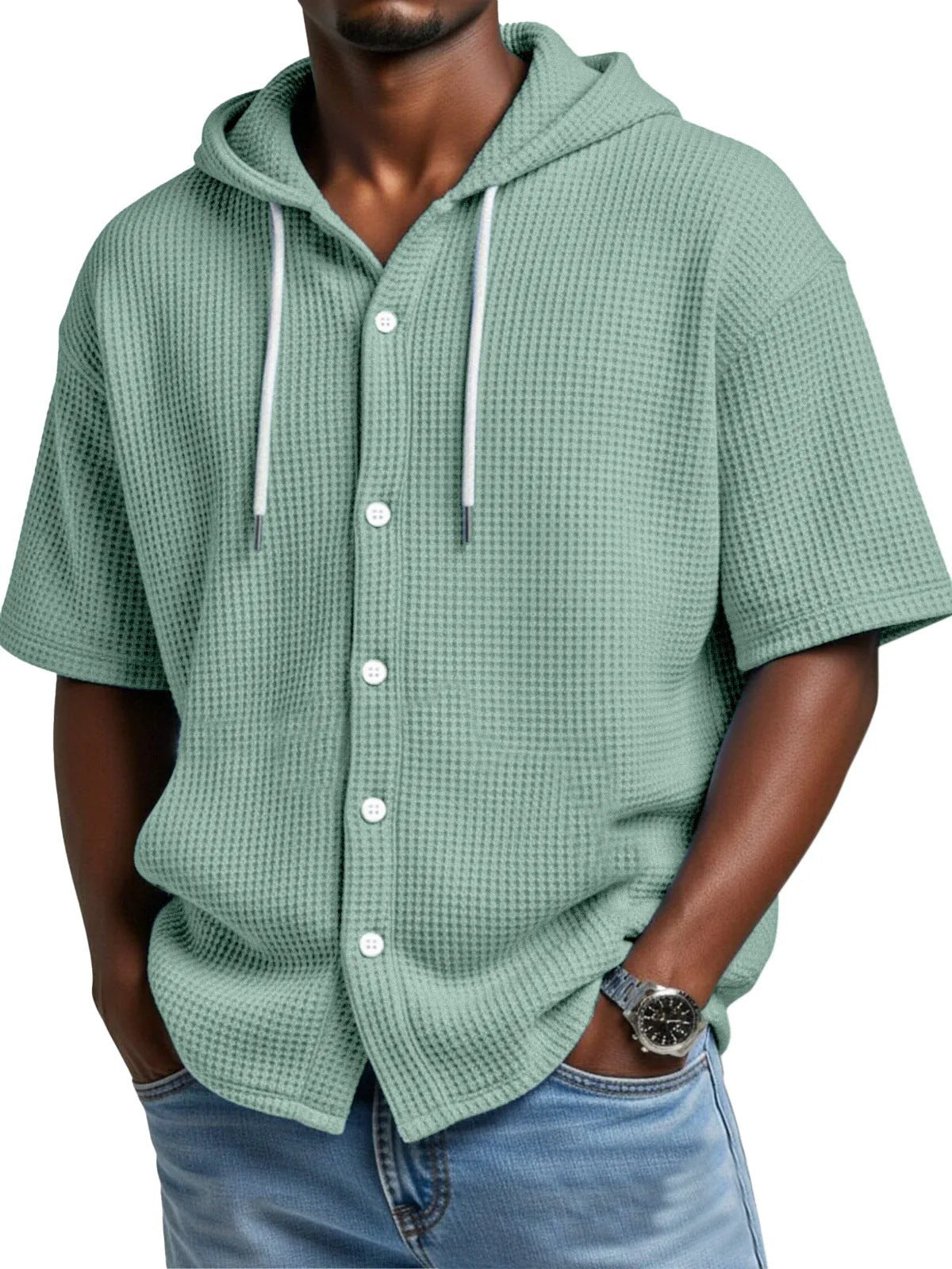 2026 New Style Men Daily Casual Waffle Hooded Short-Sleeved T-Shirt