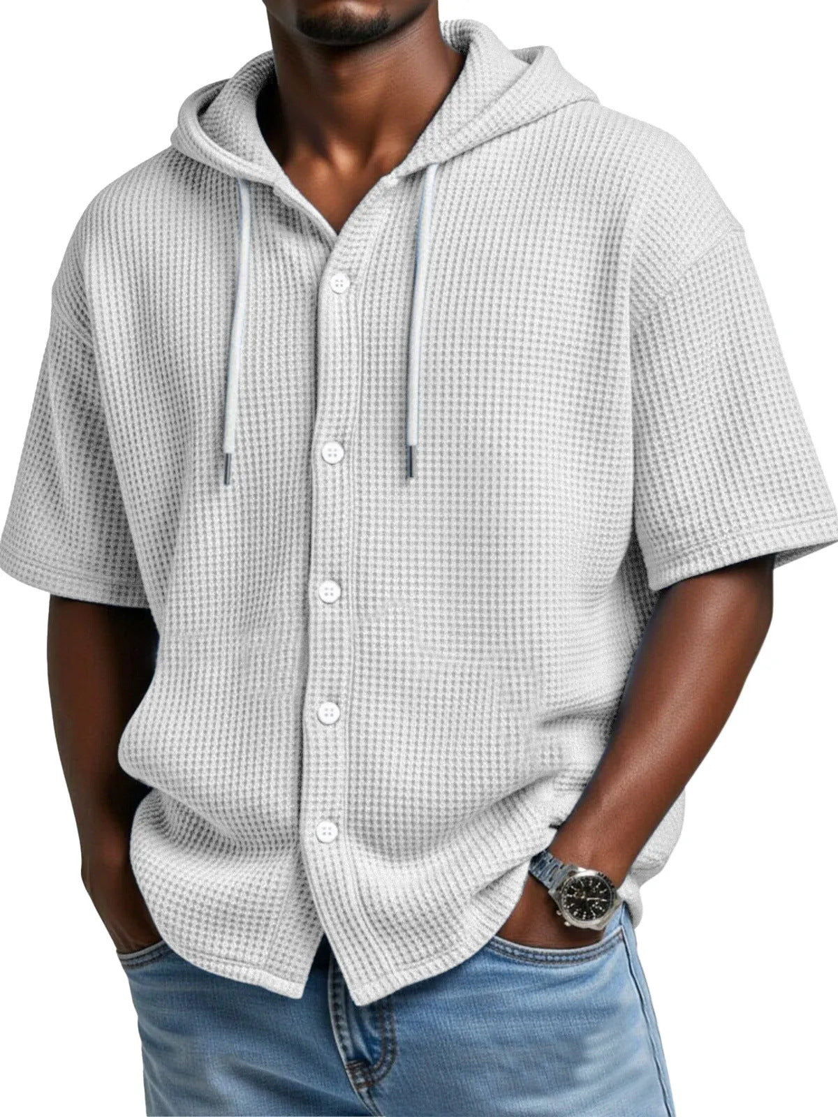 2026 New Style Men Daily Casual Waffle Hooded Short-Sleeved T-Shirt