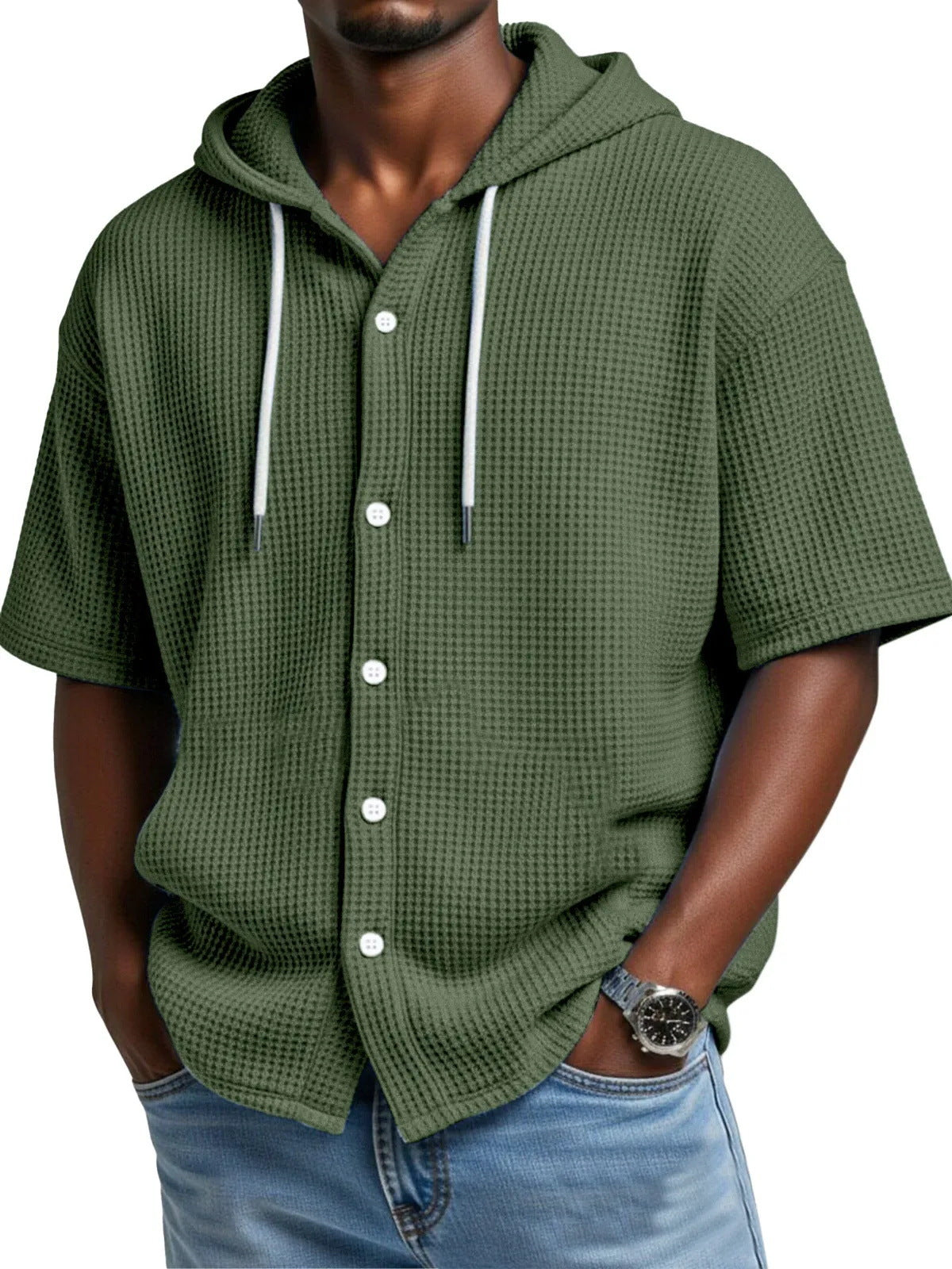 2026 New Style Men Daily Casual Waffle Hooded Short-Sleeved T-Shirt