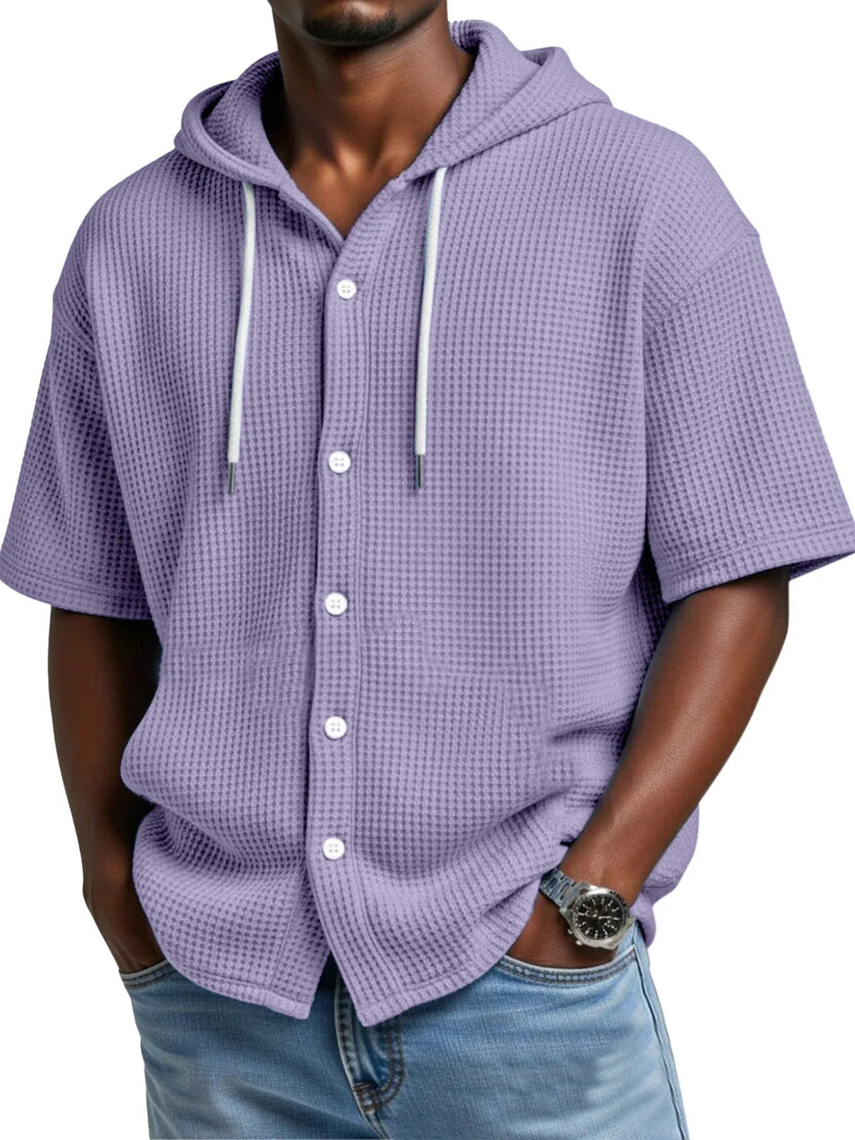 2026 New Style Men Daily Casual Waffle Hooded Short-Sleeved T-Shirt