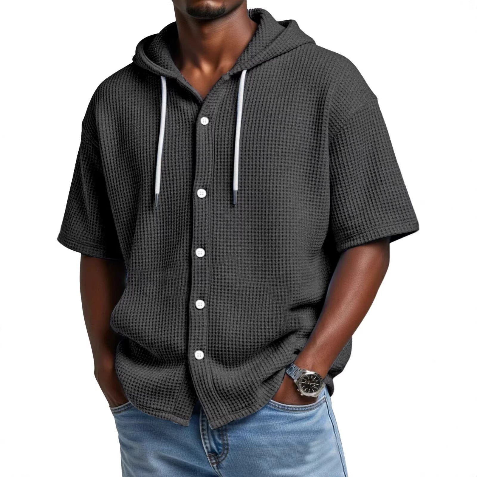 2026 New Style Men Daily Casual Waffle Hooded Short-Sleeved T-Shirt