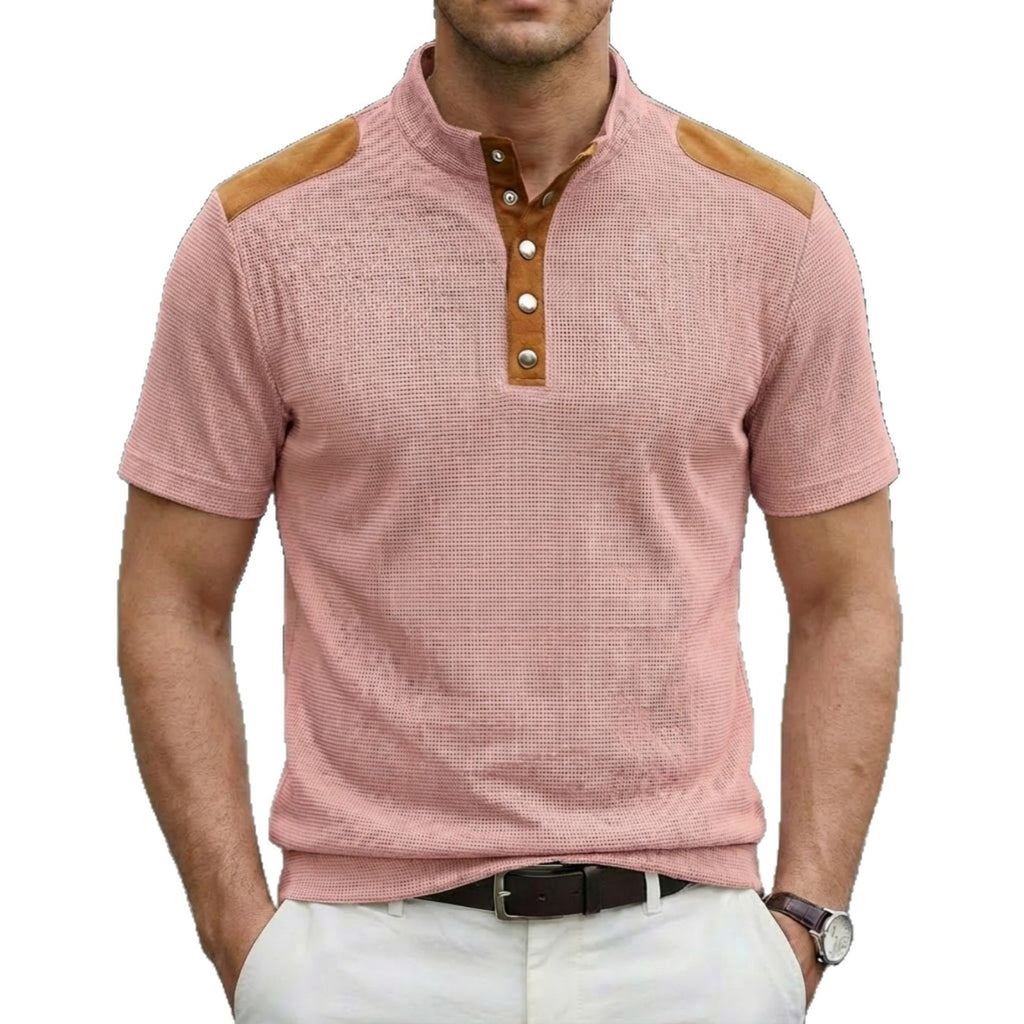 Casual Breathable Button-up Stand Collar Color-block Short-sleeved Men's T-shirt Top