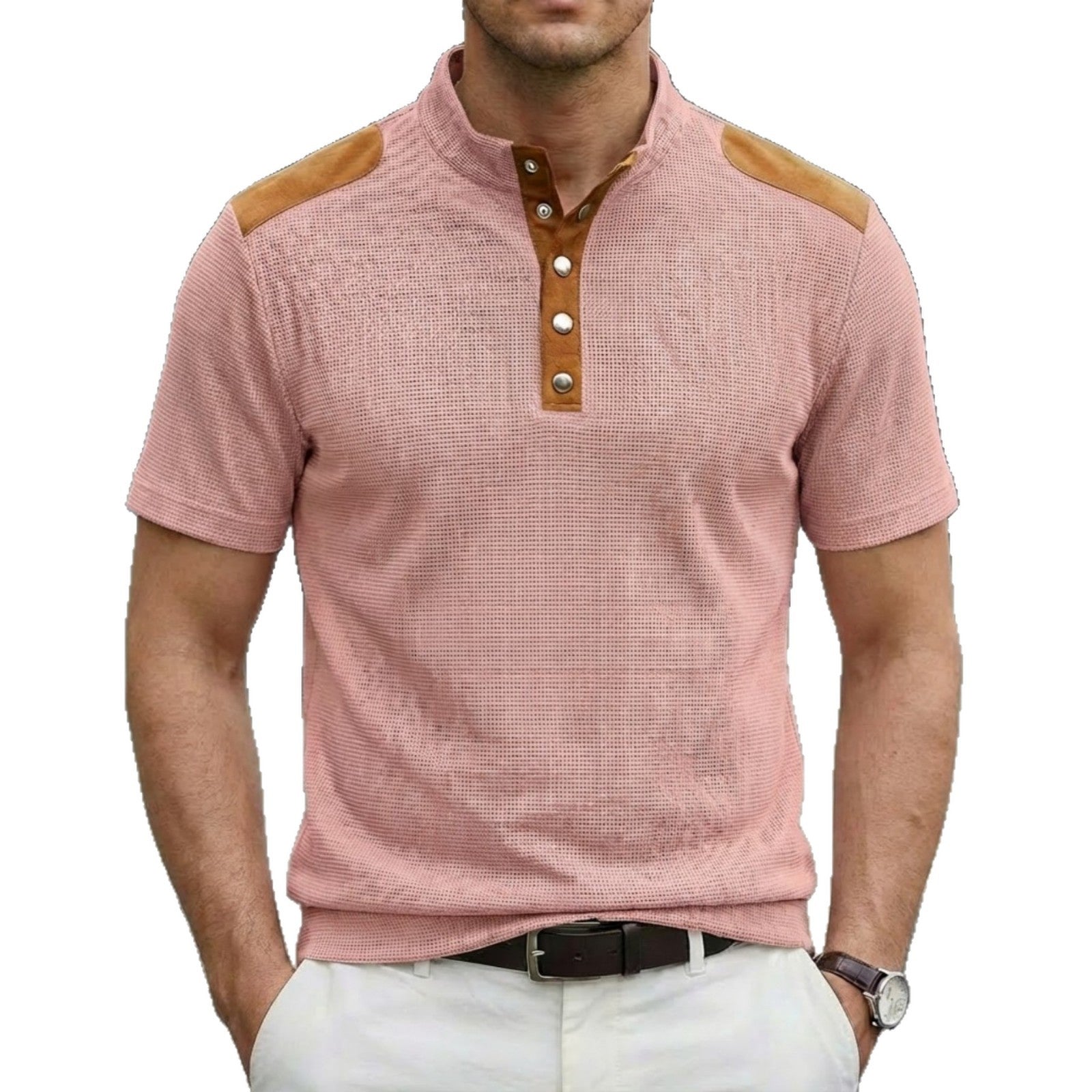 Casual Breathable Button-up Stand Collar Color-block Short-sleeved Men's T-shirt Top
